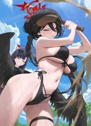 1girls 2girls bikini black_bikini black_choker black_hair black_wings blindfold blindfold_lift blue_archive blue_sky blush breasts choker closed_eyes cloud day feathered_wings female food fruit grin hair_between_eyes hair_bun halo hasumi_(blue_archive) hasumi_(swimsuit)_(blue_archive) highres hood_(james_x) hood_x_art ichika_(blue_archive) ichika_(swimsuit)_(blue_archive) large_breasts long_hair looking_at_viewer low_wings multiple_girls navel official_alternate_costume official_alternate_hairstyle outdoors pout red_eyes red_halo shinai sky smile stomach sunglasses swimsuit swinging_baseball_bat sword watermelon weapon wings