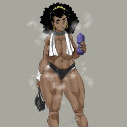 1girls african african_female afro after_workout black_hair bottle cooling_off dark-skinned_female dark_skin earrings hoop_earrings huge_breasts milf older_female original_character sala_rolle_(mermaid_kunoichi) shorts steam steaming steaming_body steamy sweat sweating sweaty sweaty_body thick_thighs topless towel_around_neck towel_on_shoulder workout
