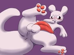 2025 animal_genitalia animal_penis anus balls big_tail blush bodily_fluids cetacean_genitalia cetacean_penis genital_fluids genitals hi_res lying pawpads paws penis precum purple_background rain_world raised_paw red_penis simple_background slugcat smile star_umbreon tail tapering_penis videocult white_body white_ears white_tail