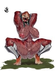 armor artist_signature big_ass big_breasts black_hair black_sclera breasts claws dustyjcircus feet female female_focus female_only fishnet_clothing fishnets grass looking_at_viewer monster_girl muscular muscular_female open_mouth pink_areola pink_nipples pink_pussy predator_(franchise) presenting presenting_hindquarters presenting_pussy pussy sharp_claws sharp_teeth sharp_toenails simple_background smiling_at_viewer squatting tall_female tiger_print transparent_clothing yautja yellow_iris