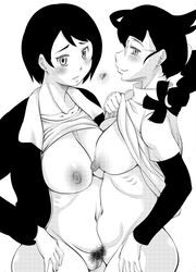 2girls areolae belly big_breasts black_and_white blush braided_hair camille_(pokemon) female glasses haba_hirokazu hairy human long_hair mature_female milf mother mother_and_daughter nintendo nipples pokemon pokemon_(anime) pokemon_journeys pubic_hair shirt_lift short_hair talia_(pokemon) thighs