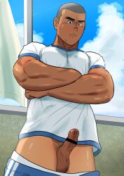 1boy 2025 balls bar_censor bara buzz_cut censored crossed_arms erection foreskin gay male male_only muscular original pants_down penis phimosis pubic_hair solo student tan_skin tomoki_(pixiv36828631) uncircumcised yaoi