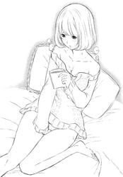 aoki_yuriko bakuman bare_shoulders barefoot bed blush book breasts breath cleavage collarbone female fukurokouji hand_between_legs hand_in_crotch line_art masturbation monochrome on_bed pillow reading short_hair solo sweater