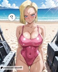 2025 ai_generated android18dx android_18 angry_at_viewer anicom61 anime beach_background bubble_speech crunchyroll dragon_ball instagram looking_at_viewer manga meta pink_swimsuit question_mark red_cheeks toei_animation