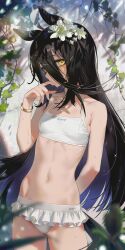 ahoge belly_button bikini black_hair detailed_background female female_only finger_in_mouth flower_in_hair hair_between_eyes horse_ears horse_girl horse_tail long_hair looking_at_viewer manhattan_cafe_(umamusume) navel ribs sarcophage skinny small_breasts solo umamusume umamusume_pretty_derby wet_body wet_skin white_bikini yellow_eyes