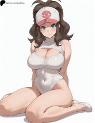 1girls ai_generated arms_behind_back bare_hips bare_shoulders blue_eyes breasts brown_hair cleavage cleavage_cutout closed_mouth covered_navel female hat hi_res high_quality high_resolution highres hilda_(pokemon) hips huge_breasts large_breasts legs light light_blush lips looking_at_viewer medium_hair nose opal_nemy patreon_logo patreon_url patreon_username plain_background pokemon self_upload shadow shiny shiny_hair shiny_skin shoes simple_background sitting smile solo thick_thighs thighs virgin_killer_sweater wariza watermark white_background white_footwear white_headwear