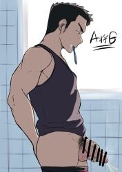 1boy 2024 anpo_shougun balls black_hair black_tank_top erection fingering foreskin gay male male_only original peeing penis phimosis pubic_hair sanpaku solo tank_top toothbrush toothbrush_in_mouth uncircumcised veiny_penis yaoi