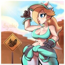 1girls big_breasts black_gloves blonde_hair blue_eyes breasts chuchu_jello crown ear_piercing earrings female female_only gloves hair hair_over_one_eye hand_on_hip handwear hat headwear hips jacket jacket_around_waist lips long_hair mario_(series) mario_kart_world nintendo parted_lips princess_rosalina racing_suit sign solo solo_female star_earrings sweat sweatdrop sweaty sweaty_body thick_lips topwear