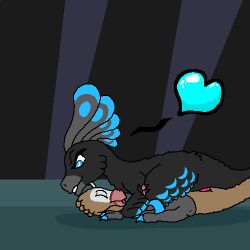 1:1 big_dom_small_sub black_body black_feathers blue_claws blue_eyes blue_heart blue_vulva brown_body brown_feathers claws closed_eyes dinosaur dominant dominant_female dromaeosaurid duo erik_(therealmessyroomguy1) feathered_dinosaur feathered_scalie feathers female female_dominating_male feral genitals green_ground grey_background grey_body grey_claws grey_feather_hair grey_feathers head_feather head_feathers hi_res interspecies larger_female lumina_(therealmessyroomguy1) male male/female penis pink_penis prehistoric_species reptile saurischian saurornithoides scalie sex sickle_claw simple_background size_difference smaller_male smile submissive submissive_male therealmessyroomguy1 theropod toe_claws vulva