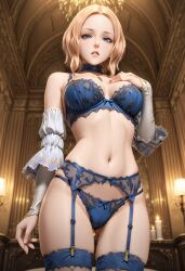 1girls angela_(castlevania) blue_eyes blue_lingerie castlevania dutch_angle female female_only gothic_architecture indoors large_breasts lingerie looking_at_viewer orange_hair pale_skin pale_skinned_female seductive seductive_look short_hair thighs
