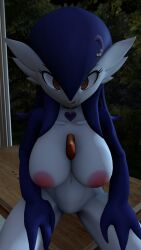 1girls 3d areolae big_breasts breasts chandra_(lucyfercomic) choker female female_only gardevoir hair_ornament hands_on_thighs head_down heart_choker large_breasts leaning_forward licking_lips long_hair looking_at_viewer meddlade moon_hair_ornament naked naked_female naughty_face night nipples nude nude_female on_table open_eyes pokemon pokemon_(species) purple_body purple_hair seductive seductive_look sfm sitting sitting_on_table solo solo_female tongue tongue_out yellow_eyes