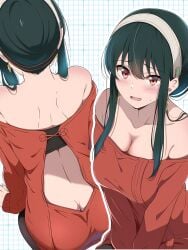 absurdres ass back_cutout bare_shoulders black_hair borgbutler breasts butt_crack clothing_cutout commentary_request female hair_bun hairband highres large_breasts multiple_views off-shoulder_sweater off_shoulder open_mouth pantyhose red_eyes red_sweater seiza short_hair_with_long_locks simple_background sitting spy_x_family sweater white_hairband yor_briar yor_forger