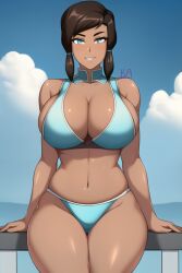 1girls ai_generated avatar_legends beach bikini bimbo blue_bikini blue_eyes brown_hair dark-skinned_female dark_skin female female_only korra krystalizedart large_breasts looking_at_viewer nai_diffusion pinup sitting smile smiling stable_diffusion swimsuit the_avatar the_legend_of_korra voluptuous water_tribe