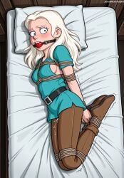 ai_generated aqua_shirt arms_behind_back ball_gag bed belt black_belt blonde_hair blush bondage boots bound bound_ankles bound_arms bound_legs breasts brown_footwear brown_pants clothing cum disenchantment female freckles from_above gag gagged genderswap_(mtf) green_shirt head_on_pillow indoors jousneystudio legs_together long_hair looking_at_viewer lying medium_breasts netflix on_bed on_side pants patreon pillow princess_tiabeanie restrained rope rule_63 scared shirt short_sleeves sideboob small_breasts solo teeth trembling upper_teeth_only white_hair wide-eyed wiffle_gag