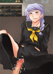 2boys black_socks blush bulge censored crossdressing cum cum_on_feet cum_on_socks erutasuku feet femboy footjob footjob_with_legwear footwear male male_only megami_tensei narukami_yu penis persona persona_4 purple_hair school_uniform seta_souji sitting skirt sockjob socks sweatdrop trap yaoi