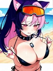 1girls ai_generated animal_ears animated beach big_breasts bikini black_bikini blue_hair blush bouncing_breasts breasts catgirl collar curvy curvy_female curvy_figure female female_only gif goggles goggles_on_head hispanic_virtual_youtuber huge_breasts latam_virtual_youtuber light-skinned_female light_skin long_hair navel ocean panther_girl pink_hair ponytail purple_eyes sexy shura_hiwa suggestive suggestive_look two-tone_hair virtual_youtuber vjin young younger_female