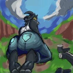 1:1 2025 anthro ass big_butt bottomwear bovid butt_focus caprine clothing cloud coffee_stain_studios crop_top day denim denim_bottomwear denim_clothing detailed_background epic_games female fortnite fur goat goat_simulator grass grey_body grey_fur hi_res hooved_plantigrade hooved_toes hooves horizontal_pupils horn jeans kneeling looking_at_viewer looking_back looking_back_at_viewer mammal outside pants pilgor_(goat_simulator) plant plantigrade pupils shirt sky solo topwear yellow_eyes yuann0o0