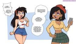 2025 2d 2girls artist_name black_hair blue_eyes blush cellphone choker clothed clothes clothing color colored danny_fenton danny_phantom dark-skinned_female dark_skin dialogue digital_media_(artwork) ear_piercing earrings english_text eyeliner female female_only fully_clothed genderswap_(mtf) green_eyes hat hi_res highres holding_object holding_phone hypnosis jewelry light-skinned_female light_skin long_hair long_sleeves mind_control mtf_transformation necklace nickelodeon patreon patreon_username phone reality_warping rule_63 rule_63 shirt short_hair shorts simple_background skirt speech_bubble text themightfenek transformation tucker_foley two-tone_background