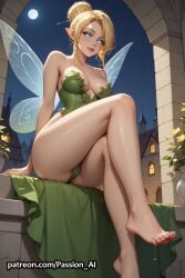 ai_generated ass blonde_hair blue_eyes breasts cameltoe crossed_legs disney dress fairy feet female hair_bun half-closed_eyes leaf_clothing medium_breasts passion_ai seductive seductive_look seductive_smile showing_ass side_view sitting tinker_bell wet wings