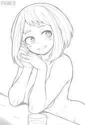 1girls 23condex accurate_art_style breasts covering_breasts female female_focus female_only monochrome my_hero_academia naked naked_female ochako_uraraka short_hair short_hair_female solo solo_female solo_focus