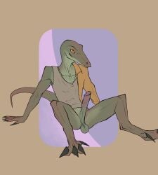 anthro balls bottomless bullchicken clothed clothing digitigrade erection genitals hi_res humanoid_genitalia lizard looking_up male partially_clothed reptile saggy_balls scalie shirt solo tank_top topwear