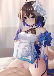 1boy absurdres bare_shoulders black_hair blue_eyes blue_gloves blue_hair blue_ribbon blush breasts china_dress chinese_clothes cowgirl_position cum cum_in_pussy curtains dress dress_lift female flower gloves hair_flower hair_ornament highres honkai_(series) honkai_impact_3rd indoors lifted_by_self medium_breasts multicolored_hair on_bed pussy qunqing ribbon seele_vollerei sex smile solo_focus straddling two-tone_hair white_flower