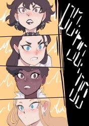 4girls 4koma aaliyah_(biku) barbara_(biku) biku black_hair blonde_hair blue_earrings blue_eyes blush brown_eyes clenched_teeth collar cross_earrings deborah_(biku) earrings elena_(biku) female have_to_pee hoop_earrings lipstick long_hair mole mole_under_eye need_to_pee original shirt short_hair spiked_collar sweat timer white_earrings white_shirt wide_eyed