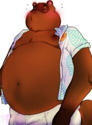 animal_ears ass blurry blush bra breasts dark_skin depth_of_field fat female flying_sweatdrops furry hood hoodie large_breasts medium_breasts navel nipples no_bra panties shirt short_sleeves simple_background sitting small_breasts smile solo standing striped striped_panties thighs tom_nook underwear white_background