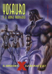 3boys archived_source bara big_bulge bulge comic_cover cover dark_skin gay male male_only muscular nipples nipples_visible_through_clothing original penis_outline pointing spi-n-t tight_clothing traditional_media vein veiny_muscles yaoi