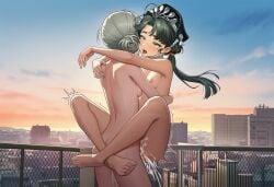 ahe_gao ai_generated blush breasts cumming functionally_nude futanari intersex lesbian_sex liang_yue_(reverse:1999) police_hat reverse:1999 short_hair small_breasts vertin_(reverse:1999) voyeur