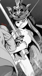 1other ambiguous_gender armor artist_name azumanga_daiou closed_mouth commentary english_commentary female greyscale helmet highres holding holding_sword holding_weapon japanese_armor kabuto_(helmet) kasuga_ayumu katana looking_at_viewer monochrome naked_armor nipples nude osaka_ayumu_kasuga pussy samurai spot_color sword vengefulfistss weapon