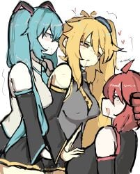 <3 3girls absurdres after_breast_sucking after_kiss ahoge akita_neru aqua_hair aroused blonde_hair breasts clothed_female drool_string female fff_threesome fingering group_sex hand_in_another's_skirt hand_in_skirt hatsune_miku highres kasane_teto kasane_teto_(utau) m3link melink_(artist) miniskirt multiple_girls pussy pussy_juice red_hair saliva saliva_trail side_ponytail skirt threesome triple_baka_(vocaloid) twintails utau vocaloid wholesome yuri