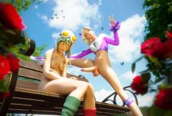 2futas 3d artist_request blonde_hair blue_eyes bottomless exhibitionism fit fit_female futanari green_hair hat haylee_skye_(fortnite) hensey_(fortnite) large_penis looking_at_viewer outdoors pov_eye_contact shoes smile socks stretching v_sign wink
