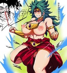 1girls aura big_breasts black_sun breasts dragon_ball dragon_ball_z electricity father_and_daughter female genderswap_(mtf) gold_bracelet green_eyes green_hair legendary_super_saiyan long_hair nosebleed paragus pubic_hair rule_63 saiyan son_goku super_saiyan