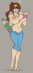 alcohol areolae bare_calves big_breasts bikini_top blue_eyes bottle bra bracelet breasts brown_hair calves capri_pants drunk drunk_bubbles earrings edited feet female female_only flip_flops full_body gabrielle_(swegabe) half-closed_eyes holding_bottle holding_object human jeans legend_of_queen_opala looking_at_viewer mask nail_polish navel navel_line nipple_piercing nipples nipples_visible_through_clothing one_breast_out open_jeans open_pants open_toe_shoes piercing pink_lipstick pink_nails ponytail sandals simple_background smiling solo solo_female sparrow_(artist) standing subtle_pussy toe_ring toes unbuttoned uncensored unzipped unzipped_pants