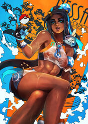 1girls abs alternate_breast_size ambiguous_gender ass dark_skin eye_contact female feral half-closed_eyes highres human larger_female looking_at_viewer monorirogue nessa_(pokemon) nintendo patreon pokemon pokemon_ss see-through sitting size_difference sobble solo text thick_thighs wide_hips