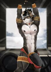 1 boy abs anthro balls barbell_piercing big_penis black_body black_fur black_hair black_skin bracelet briefs checkhoff closed_eyes clothing collar erection facial_piercing fur genitals gold_(metal) gold_armlet gold_bracelet gold_cock_ring gold_collar gold_jewelry gold_legband gold_ring hair hi_res highlights_(coloring) huge_cock humanoid_genitalia humanoid_penis jewelry lip_piercing male male_only mammal metal_collar multicolored_body multicolored_fur murid murine muscle_tone muscles muscular muscular_anthro muscular_male navel navel_piercing nipple_barbell nipple_piercing nipples nose_piercing nose_ring pecs penis philomaeus piercing rat ring_piercing rodent solo stretching tight_clothing two_tone_body two_tone_fur underwear vertical_labret_piercing waist_accessory wardrobe_malfunction what white_body white_fur white_highlights