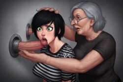 ai_generated black_and_white_stripes black_hair emo_girl emo_hair emo_haircut emo_hairstyle female forced forced_glory_hole forced_oral getting_watched glory_hole grandma grandmother green_eyes hand_on_head malin_svarre_(character) punishment t-shirt watched