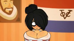 1girls anonymous_artist big_breasts black_hair blush clothed clothing edit edited edited_official_artwork edited_screencap female female_focus female_only green_eyes maya_schoppenboer ongezellig screencap screenshot_edit solo solo_female solo_focus sweat sweating tank_top tied_up