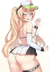 1girls azur_lane bache_(azur_lane) bache_(showy_sports_star)_(azur_lane) blonde_hair bottom_heavy eagle_union_(azur_lane) female female_only huge_ass huge_thighs kuavera large_ass light-skinned_female light_skin oral_invitation purple_eyes short_skirt sideboob small_breasts solo star_shaped_pupils tagme thick_thighs thunder_thighs twintails waving wide_hips