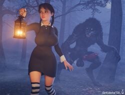 3d 3d_(artwork) antidotetrl big_breasts black_hair clothed clothed_female huge_balls huge_cock self_upload wednesday_(netflix) wednesday_addams werewolf