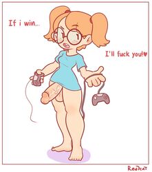 1futa big_penis bottomless casual clothing dialogue dickgirl electronics english_text eyewear feet freckles futa_only futanari game_controller glasses human intersex mob_face nerd pale_skin red7cat red_hair shirt solo_futa text twintails video_game_controller |_|