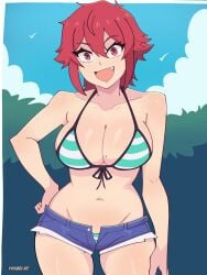 aizawa_tomo artist_name bare_shoulders bikini blue_shorts blue_sky breasts cleavage collarbone commentary cowboy_shot curvy english_commentary eyelashes female green_bikini groin hair_between_eyes hand_on_own_hip highres large_breasts looking_at_viewer medium_hair mole mole_on_breast navel oerba_yun_fang open_mouth outdoors panties_visible_through_clothes red_eyes red_hair ryukman short_shorts shorts sky smile solo standing stomach striped_bikini striped_clothes swimsuit thick_thighs thighs tomboy tomo-chan_wa_onna_no_ko