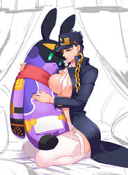 1girls 2015 awa_suna breasts chains choker cute female female_only genderswap_(mtf) hat holding_stuffed_animal jojo's_bizarre_adventure jotaro_kujo kneeling lace large_breasts lingerie long_coat neck_ribbon nipples open_coat open_mouth panties ribbon rule_63 short_hair solo stand_(jjba) star_platinum stardust_crusaders stuffed_animal stuffed_bunny stuffed_toy sweat thighhighs underwear unfinished_background white_legwear white_panties