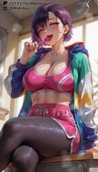 1girls ai_generated black_leggings black_pantyhose blue_jacket blurry blurry_background blush breasts candy cleavage collarbone crossed_legs desk dolphin_shorts drawstring female food green_jacket hair_ornament hairclip holding holding_candy holding_food holding_lollipop hood indoors jacket large_breasts leggings licking lollipop long_sleeves looking_at_viewer mikazuki_shizuka multicolored_clothes multicolored_jacket mykibuu on_desk open_clothes open_jacket open_mouth pantyhose pantyhose_under_shorts patreon_username pink_eyes pink_shorts pink_sports_bra purple_eyes purple_hair saliva saliva_trail short_hair shorts shower_head sitting sitting_on_desk smile solo sports_bra sweat teeth tongue tongue_out two-tone_jacket upper_teeth_only wet zom_100:_zombie_ni_naru_made_ni_shitai_100_no_koto