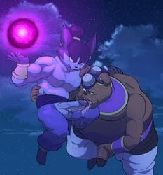 anthro balls bodily_fluids canid canine dragon_ball dragon_ball_super duo elofi_(character) eroborus felid flying gay genitals hi_res humanoid_genitalia humanoid_penis magic male male/male male_only mammal masturbation oral penis sweat yaoi