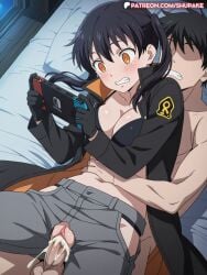 1girls ai_generated anime black_hair breasts clothed_sex en'en_no_shouboutai enen_no_shouboutai female fire_force kotatsu_tamaki large_breasts multitasking nintendo_switch orange_eyes patreon_logo patreon_username pussy sex shupake uncensored vagina vaginal_penetration vaginal_sex watermark