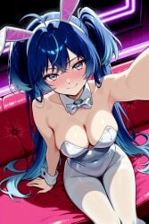 anime anime_style blue_eyes blue_hair bunny_ears bunnysuit ia_generated iuno_(wuthering_waves) selfie sexy_pose teenager twintails wuthering_waves