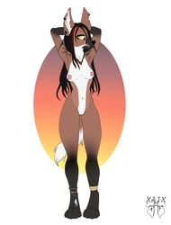 absurd_res amara_(xaix) anthro braided_hair breasts canid canine canis ear_piercing female green_eyes hair hi_res jewelry long_legs mammal maned_wolf nipples piercing small_breasts solo tall tattoo wolf xaix