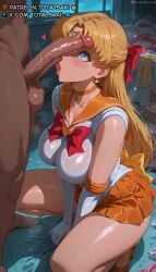 1boy 1girls ai_generated aino_minako balls bishoujo_senshi_sailor_moon blonde_hair blue_eyes blush bow breasts brooch choker circlet collarbone condom dark-skinned_male dark_skin earrings elbow_gloves erection female gloves hairbow heart heart-shaped_pupils high_heels jewelry large_breasts large_penis leotard long_hair looking_at_penis magical_girl male male_pubic_hair miniskirt nude open_mouth orange_choker orange_sailor_collar orange_skirt patreon_username penis penis_awe penis_on_face penis_over_eyes pubic_hair red_bow sailor_collar sailor_senshi_uniform sailor_venus skirt solo_focus squatting straight sweat symbol-shaped_pupils testicles thighs tiara totalsaki uncensored used_condom white_gloves white_leotard